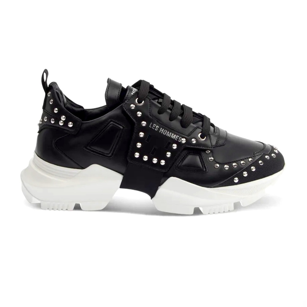MEN'S STUDDED LEATHER CHUNKY LOW-TOP SNEAKERS IN BLACK Size 8 | EU 41